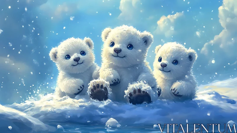 AI ART Three White Bear Cubs Winter Scene