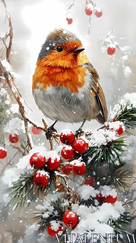 Winter Robin and Berries AI Image