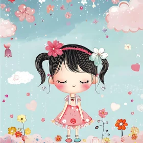 Whimsical Girl with Flowers Illustration