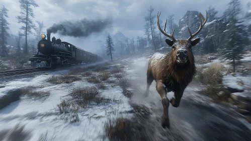 Deer and Train in Snowy Landscape
