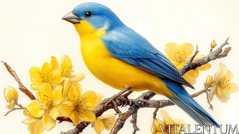 Colorful Bird with Yellow Flowers AI Image