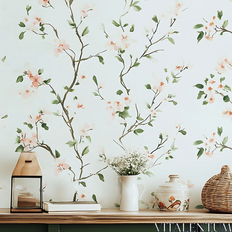 Elegant Interior with Floral Wallpaper AI Image