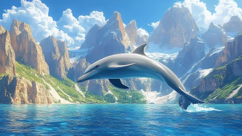 Dolphin Leaping in Mountainous Landscape