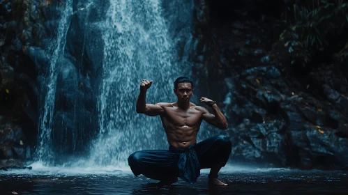 Athletic Man Near Waterfall