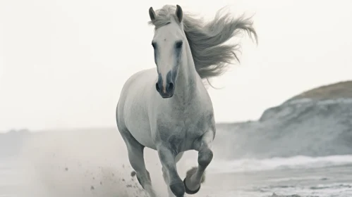 White Horse Running on Beach Free Stock Photo