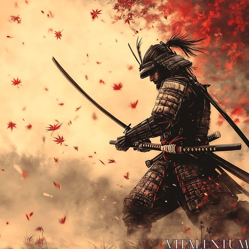 Warrior with Katana in Falling Leaves AI Image