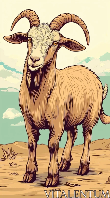 AI ART Illustrated Goat with Curved Horns