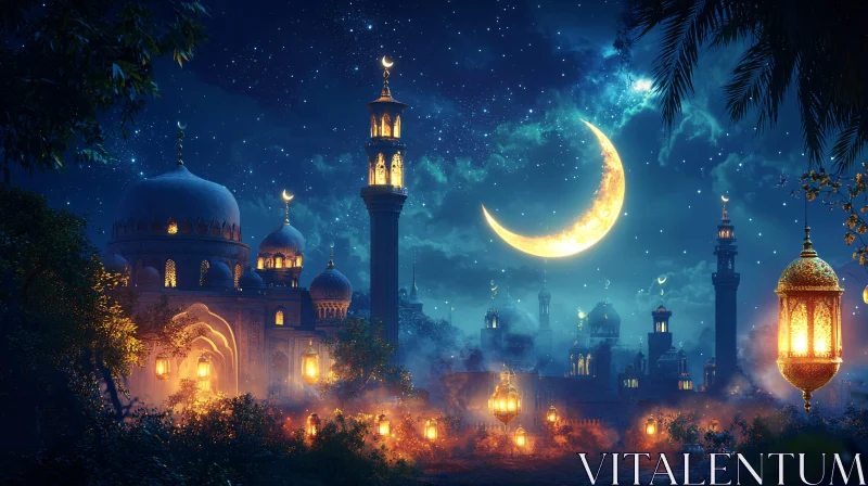 AI ART Serene Mosque Under Crescent Moon