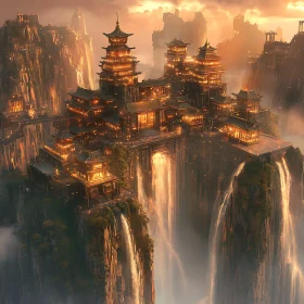 Mountain City with Cascading Waterfalls