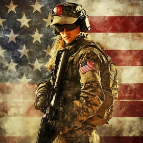 Female Soldier with American Flag Backdrop