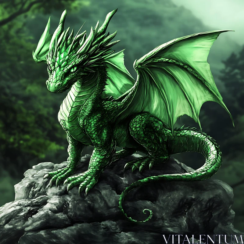 AI ART Green Dragon on Rock in Forest