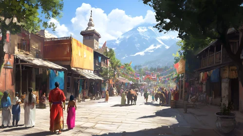 Lively Street Scene in a Mountain City