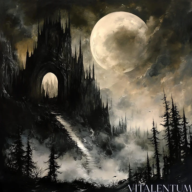 Moonlit Gothic Castle in the Mist AI Image