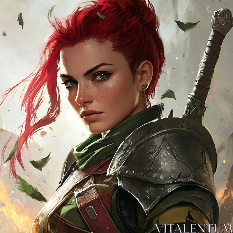 AI ART Red-Haired Warrior Woman in Armor