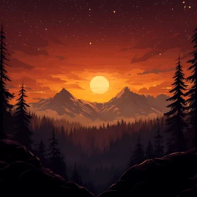 Sunset Landscape with Mountains and Trees