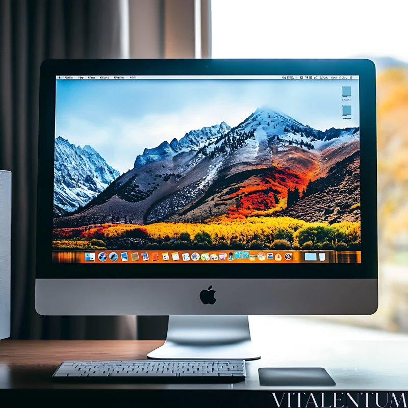 iMac on Desk with Beautiful Mountain Wallpaper AI Image