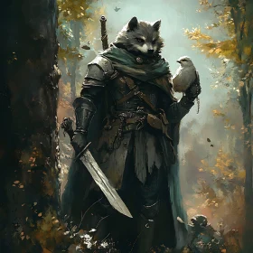 Armored Raccoon Holding Bird