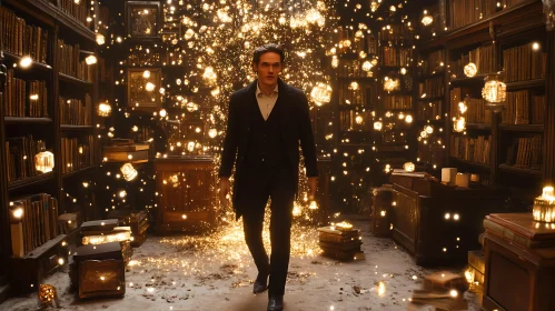 Enchanted Library with Floating Lights