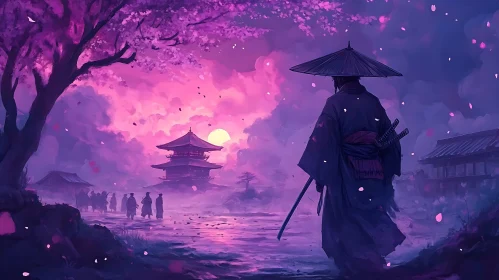 Pink Sunset Samurai with Temple View