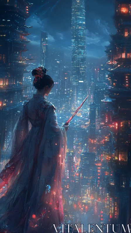 Asian Woman in Futuristic City AI Image