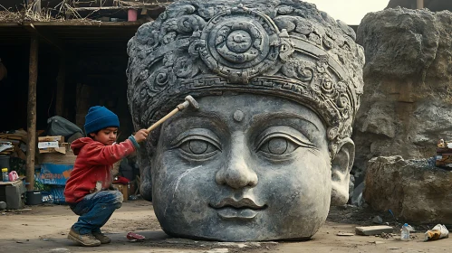 Stone Face Sculpture by Child