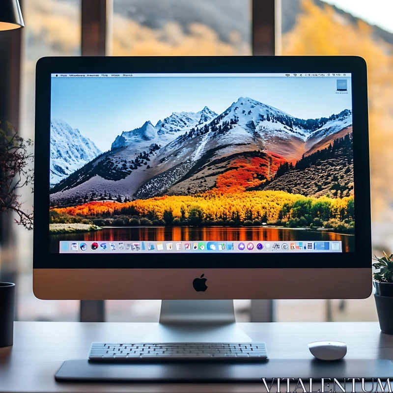 iMac Setup with Gorgeous Mountain View AI Image