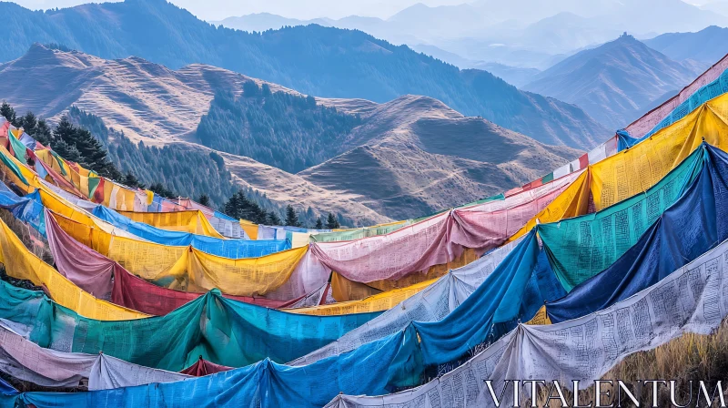 Colorful Flags on Mountain Hillside AI Image