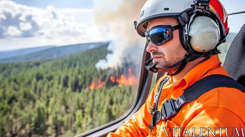 Firefighter in Helicopter During Forest Fire AI Image