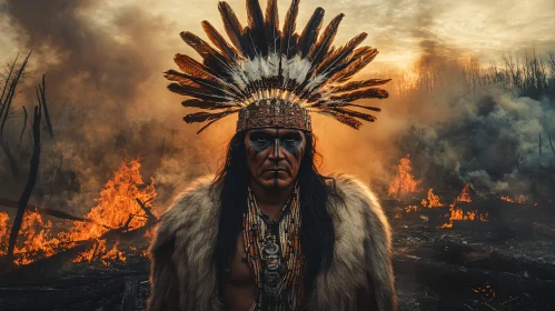 Indigenous Man in Burning Landscape