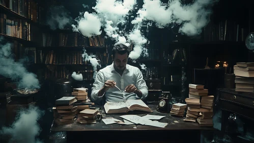 Man writing in smoky library