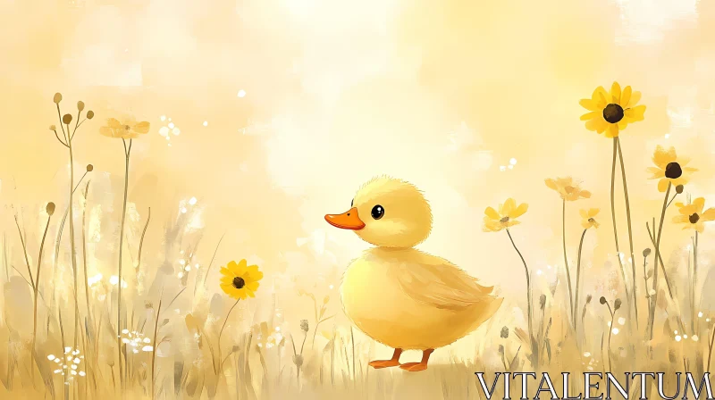 Duckling Among Yellow Flowers AI Image