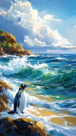 Penguin Amidst Ocean Waves