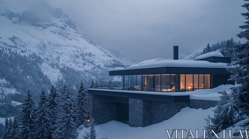 Glass-Fronted Cabin with Snow-Covered Pines AI Image