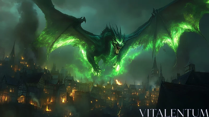 AI ART Green Dragon Over Burning City