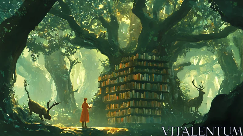 AI ART Forest Library with Reading Woman and Deer