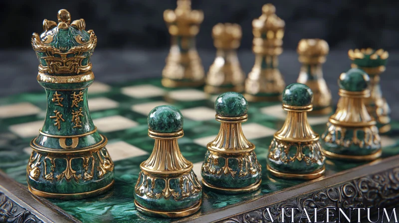 AI ART Elegant Detailed Chess Pieces in Jade and Gold