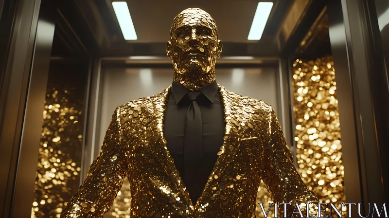 AI ART Golden Coin-Covered Man in Elevator