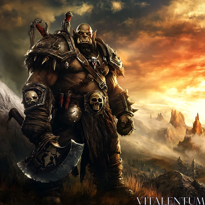 Orc Warrior with Axe Against Sunset AI Image