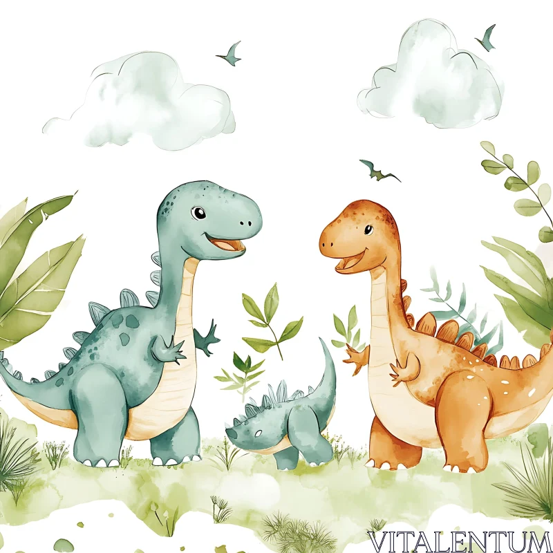 Happy Dinosaurs in a Lush Environment AI Image