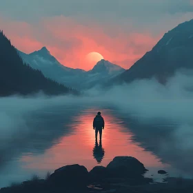 Man in Lake at Sunset