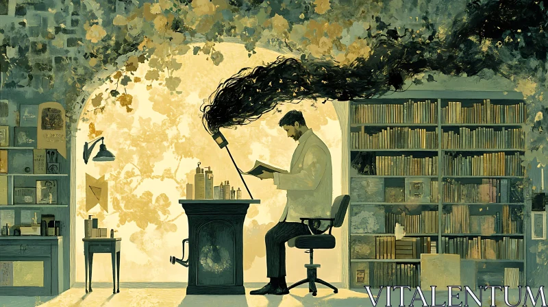 AI ART Man Immersed in Book in Library