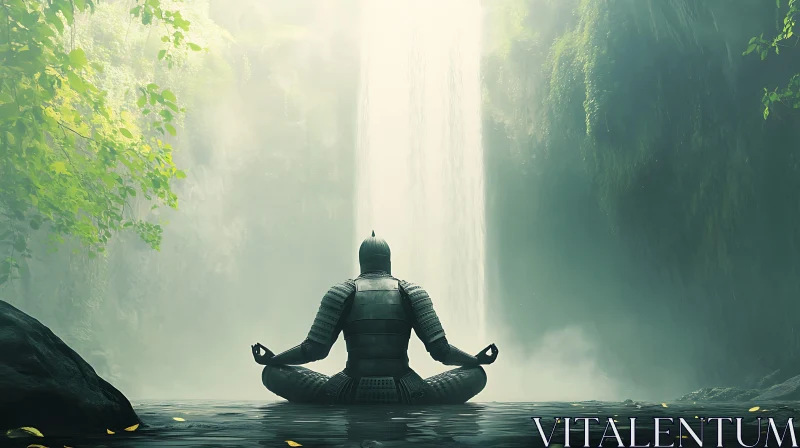 AI ART Meditative Warrior by the Waterfall