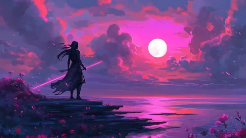 Fantasy Seascape with Warrior and Moon