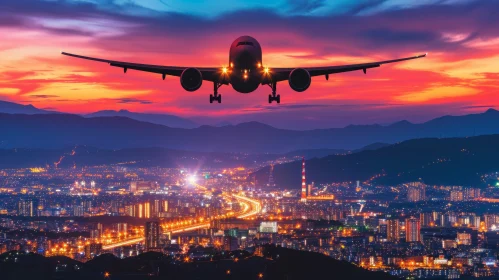 Airplane Flying Over City at Sunset - A Captivating Urban Landscape