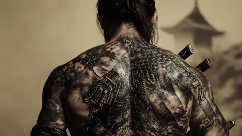 Back Tattoo of Warrior with Swords