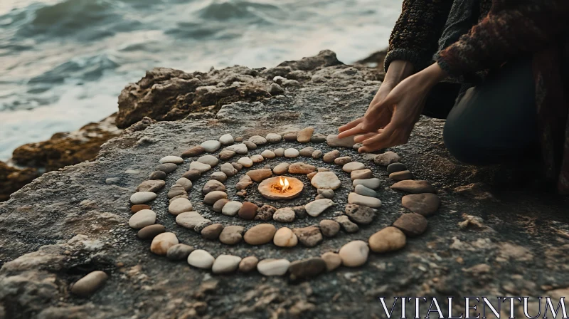 Seaside Stone Arrangement with Candle AI Image