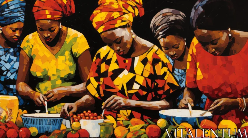 Bold and Colorful Artwork of Women Cooking in Traditional Attire AI Image