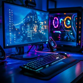 Advanced Gaming Setup with RGB Lighting and High-Resolution Monitor