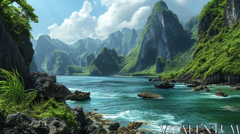 Captivating Tropical Island Landscape | Lush Vegetation, Blue Water AI Image