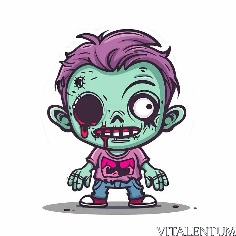Cartoon Illustration of Zombie Boy with Green Skin and Purple Hair AI Image